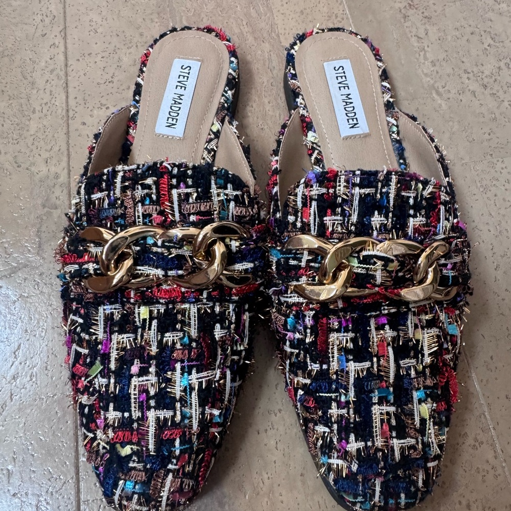 Steve Madden Colorful Tweed Mules with Gold Chain